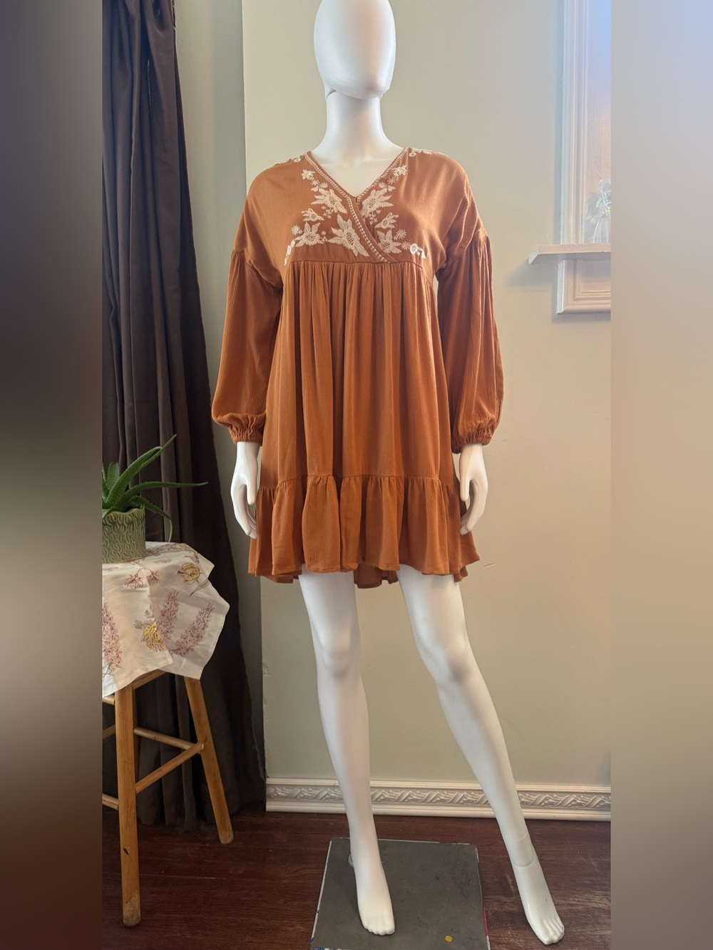In loom Rust Orange Embroidered V-Neck Babydoll Dress